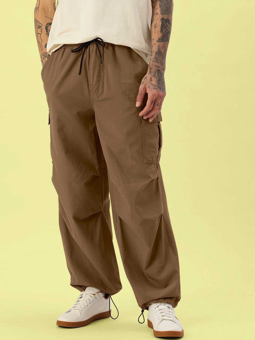 Gender Fluid Coffee Liquer Overdyed Parachute Fit Solid Cargo Trouser