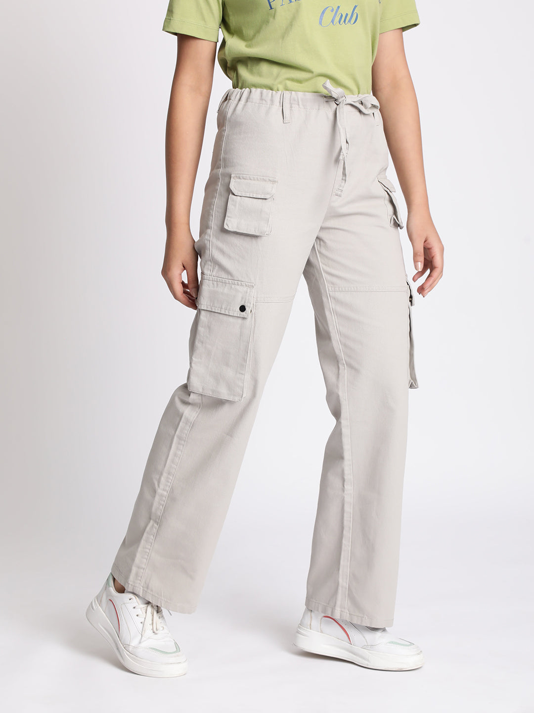 Women Grey Cargo Trousers with Adjustable Drawstring