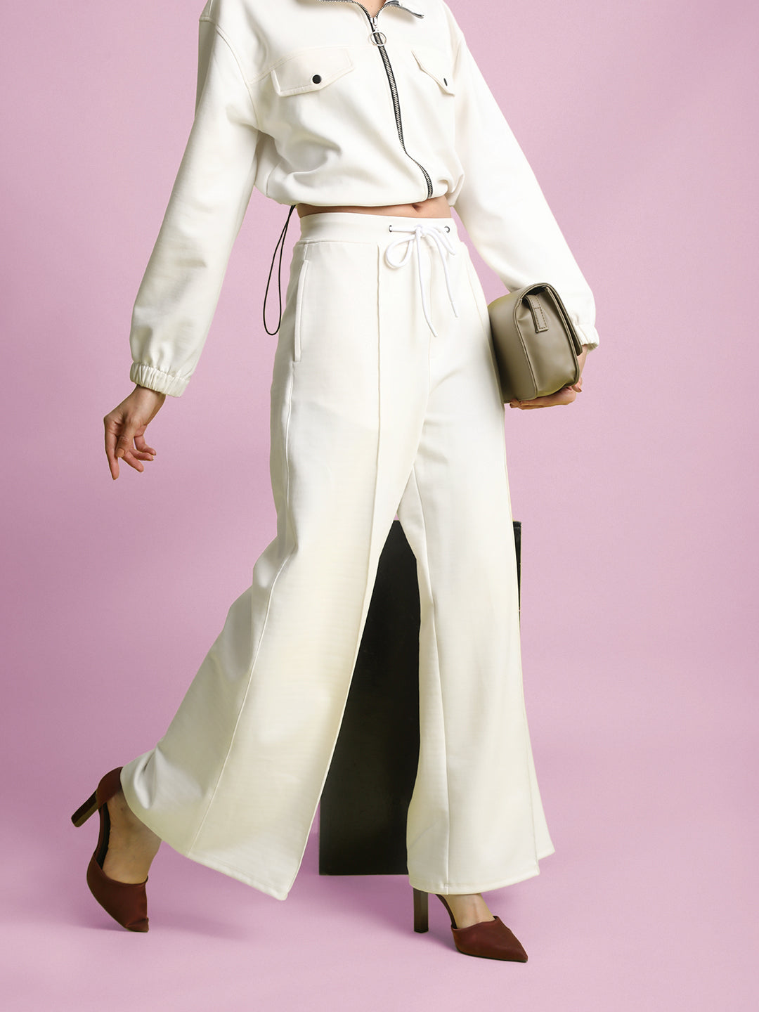 Women White Wide Leg Knitted Trousers