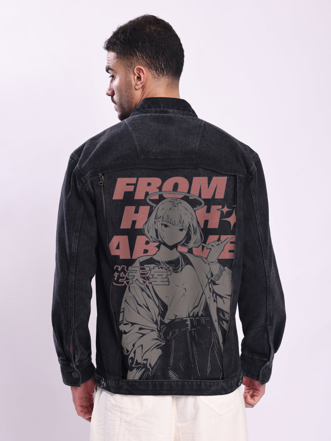 Men Black Detachable Back Print Panel Denim Jacket