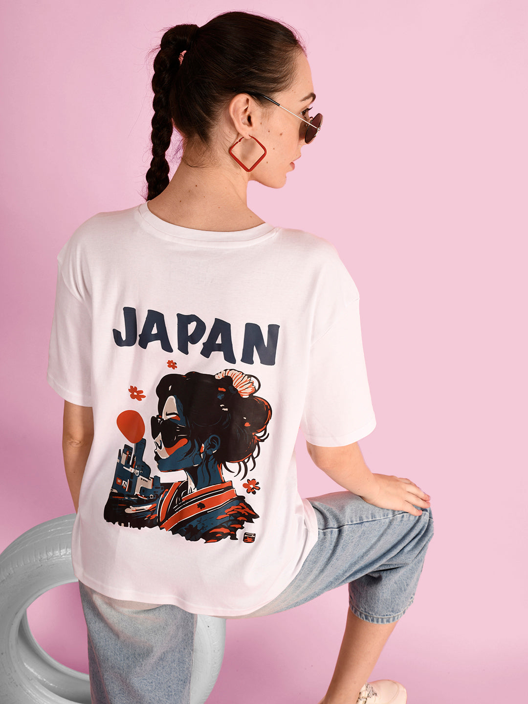 Women Over Size Fit White T-Shirts - Japan