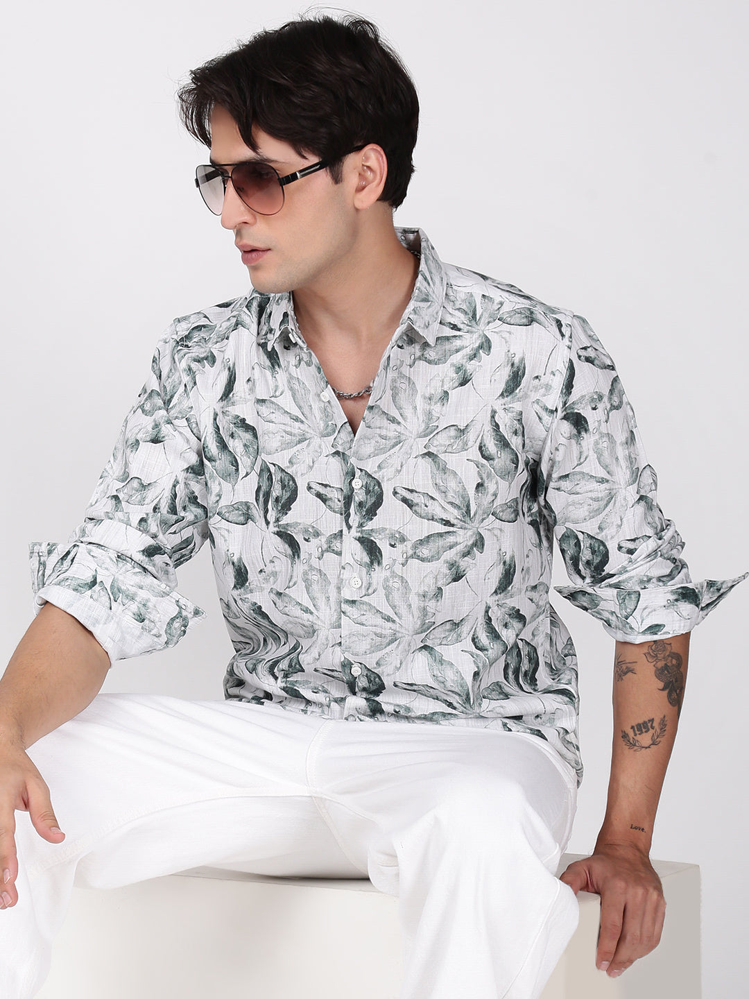 Men White and Green Floral Printed Slub TextureShirt