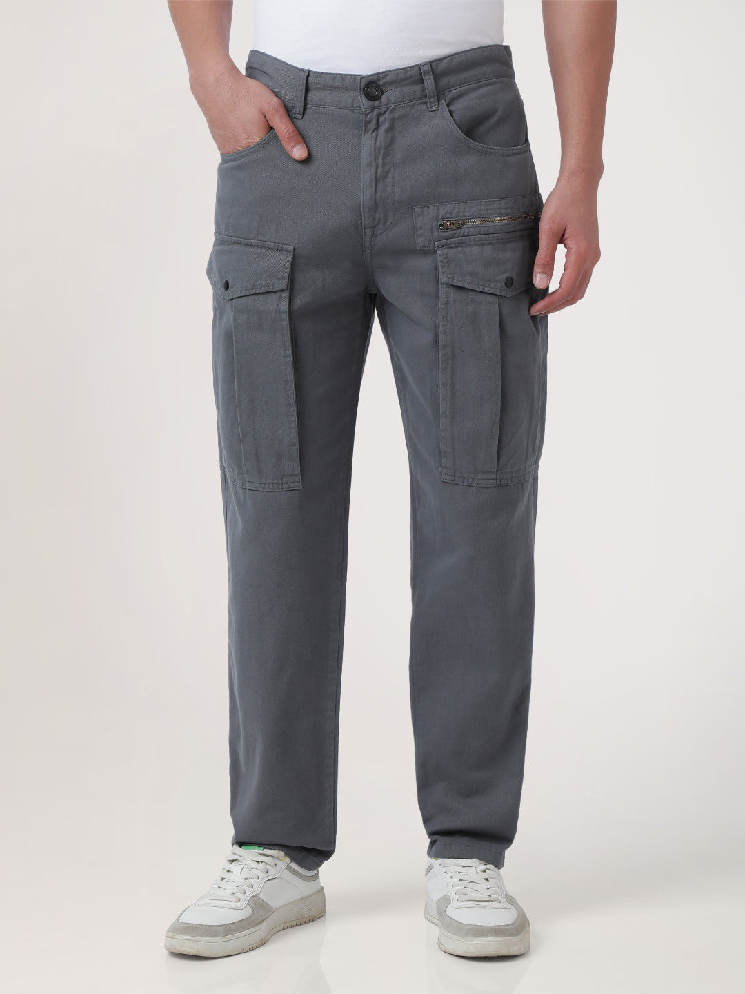 Men Grey Overdyed Relaxed Fit Solid Cargo Trouser with Front Zip