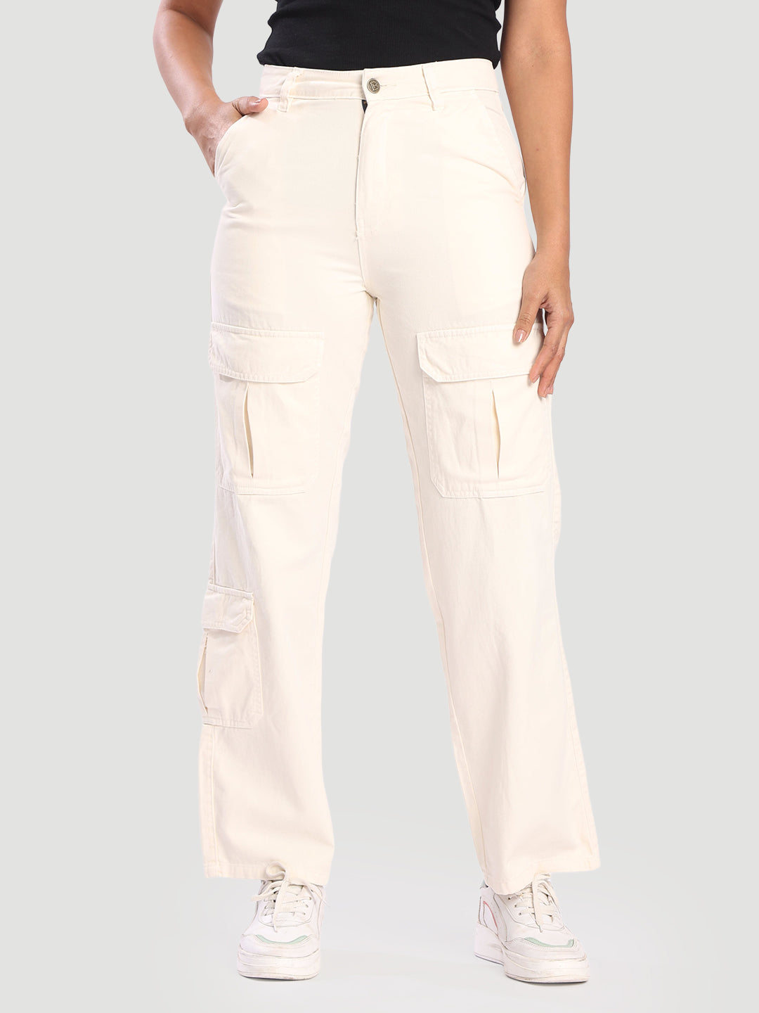 Women Off white Straight Fit High-Rise Cotton Cargos Trousers