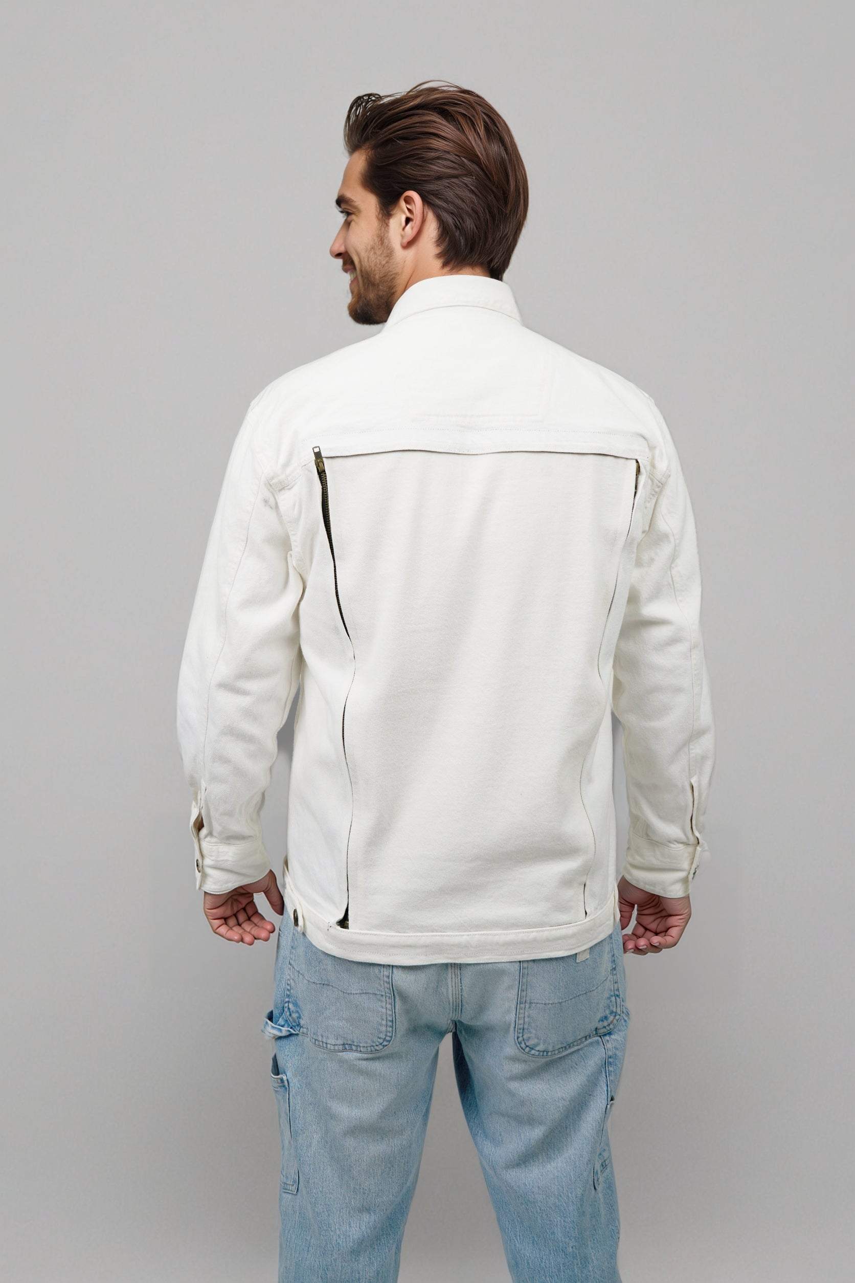 Men White Detachable Back Panel Denim Jacket