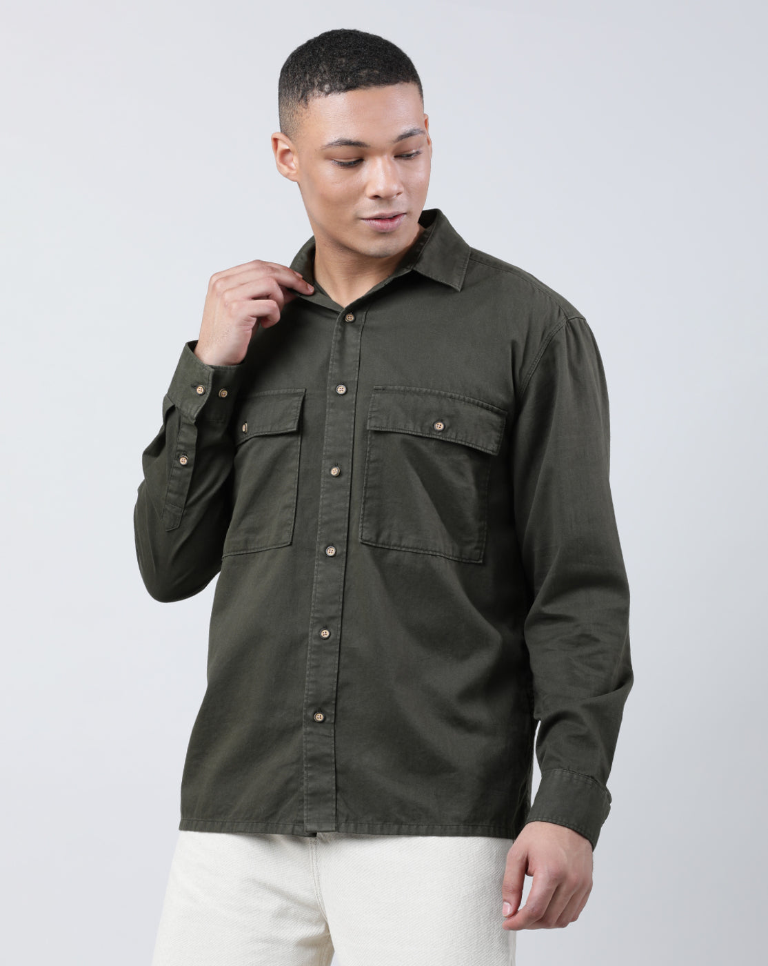 Men Dark Green Relaxed Fit Casual Shirt with Double Big Pockets