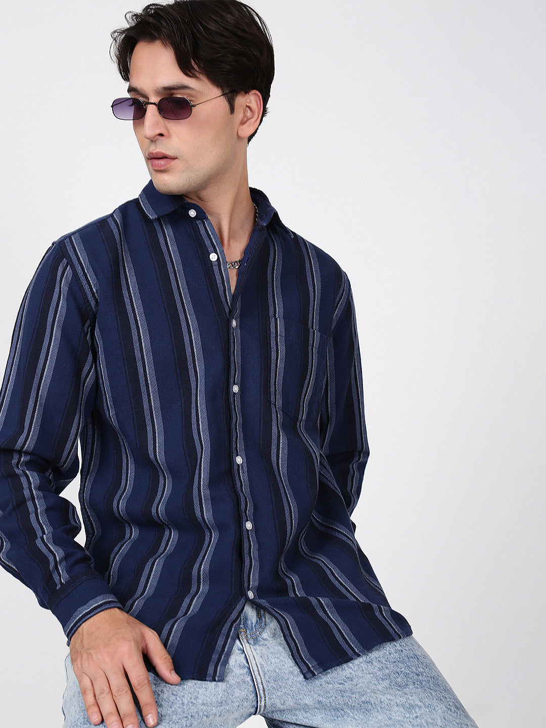 Men Blue and Black Striped Single Pocket Shirt