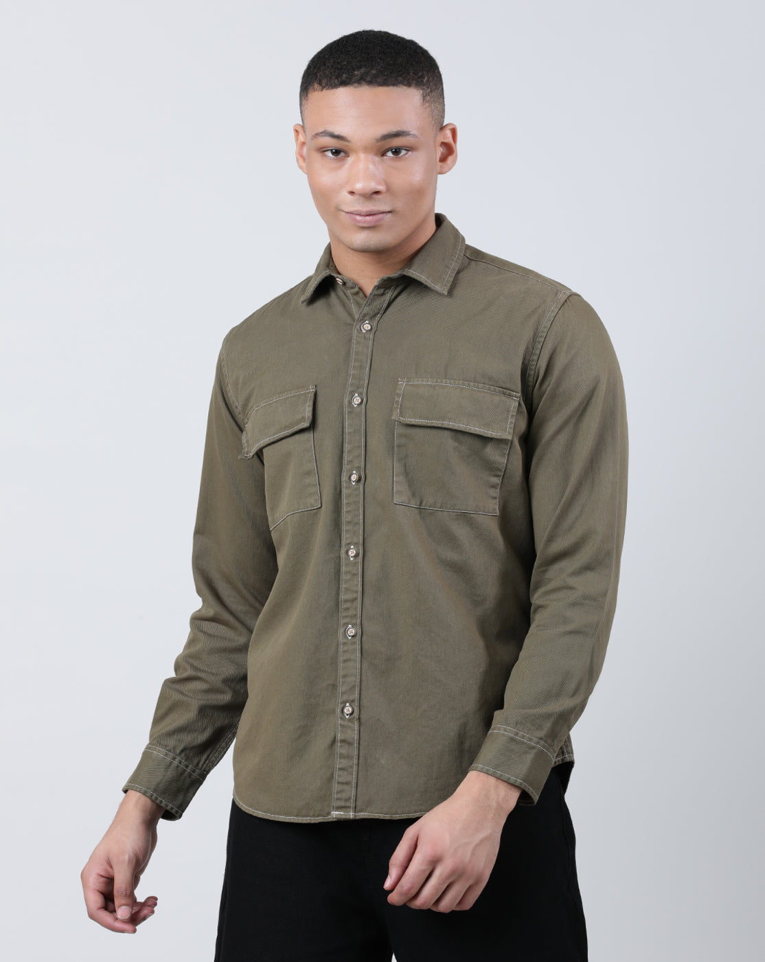 Men Military Olive Double Pocket Overdyed Casual Shirt with Contrast Stitch