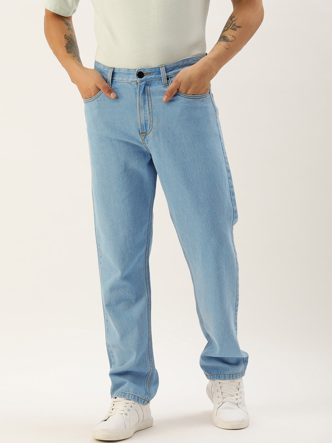 Men Light Blue Straight Fit Solid Jeans