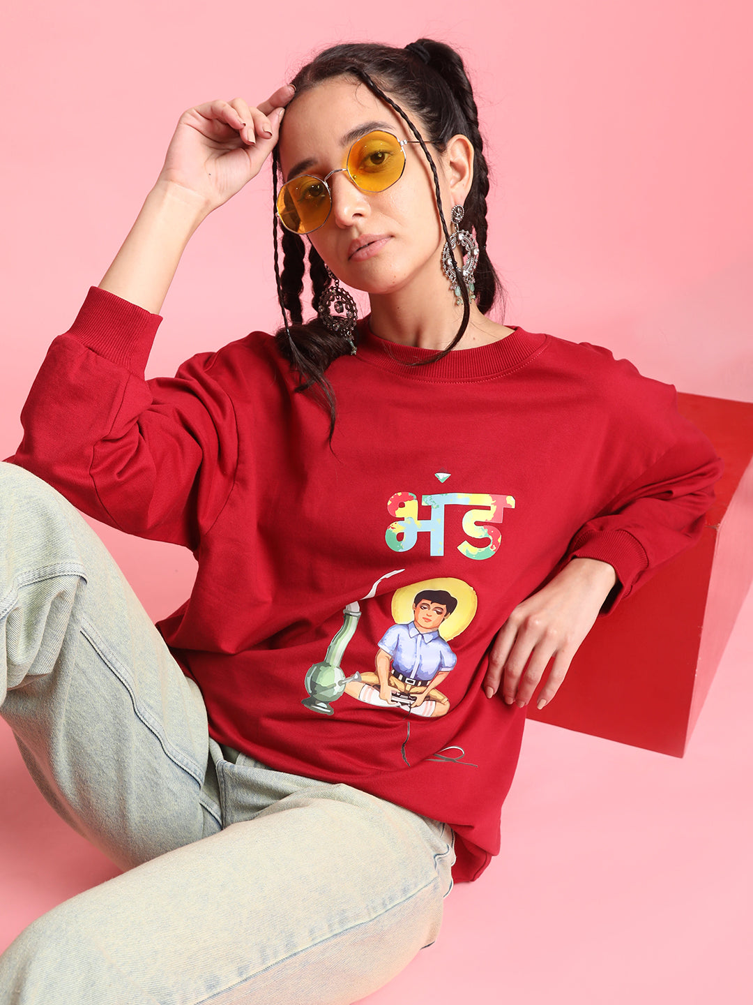 Women's REd Full Sleeve Oversize Printed Sweatshirt