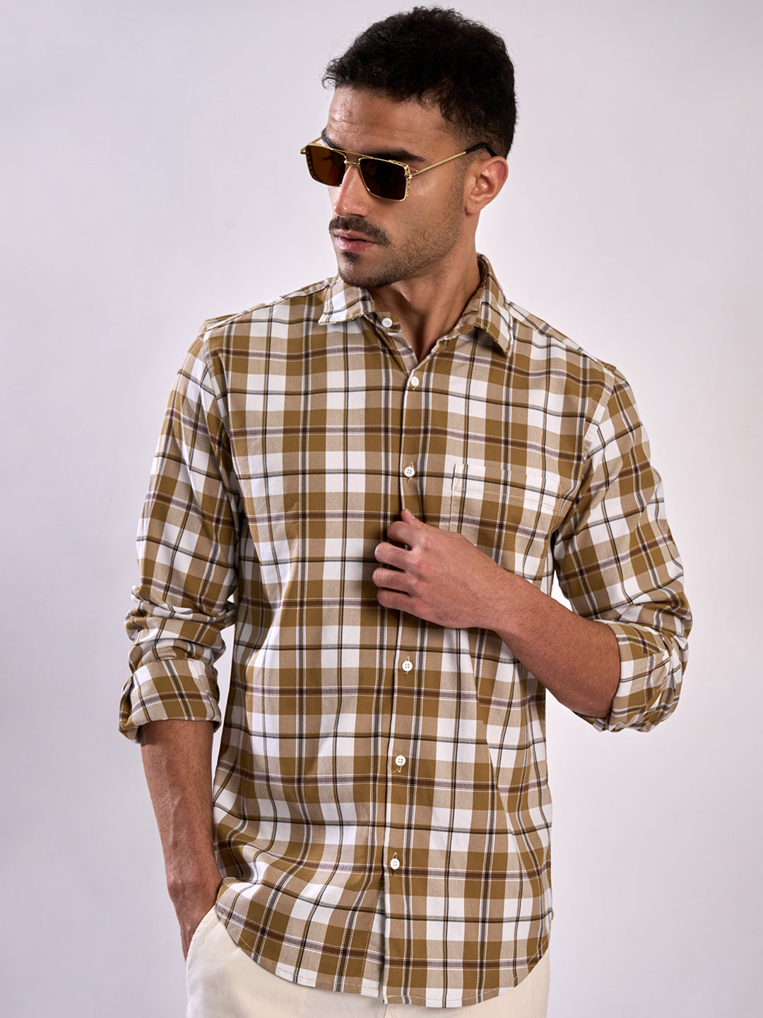Men Mustard Slim Fit  Checked Shirt