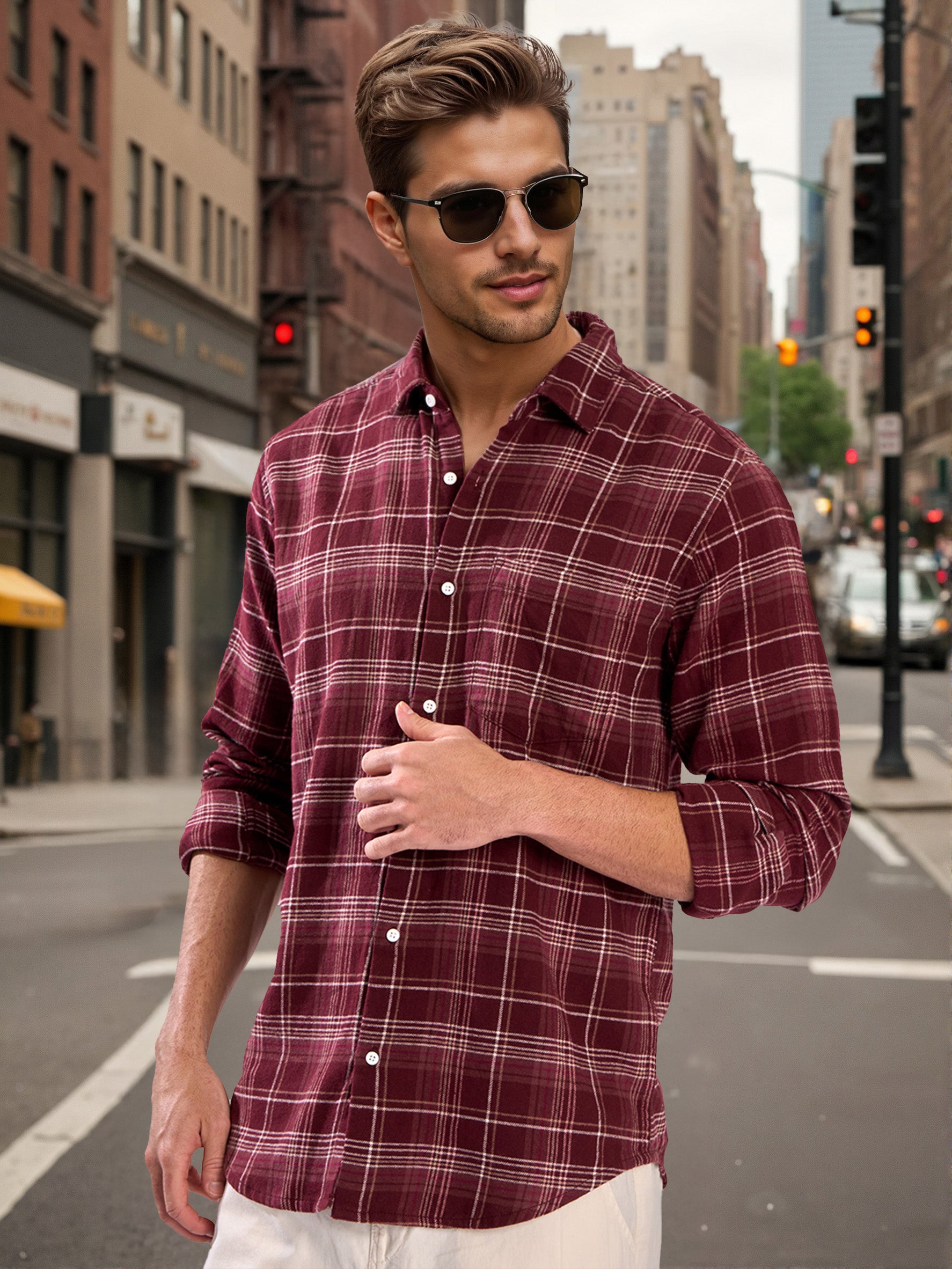 Men Brown Checked Single Pocket Shirt