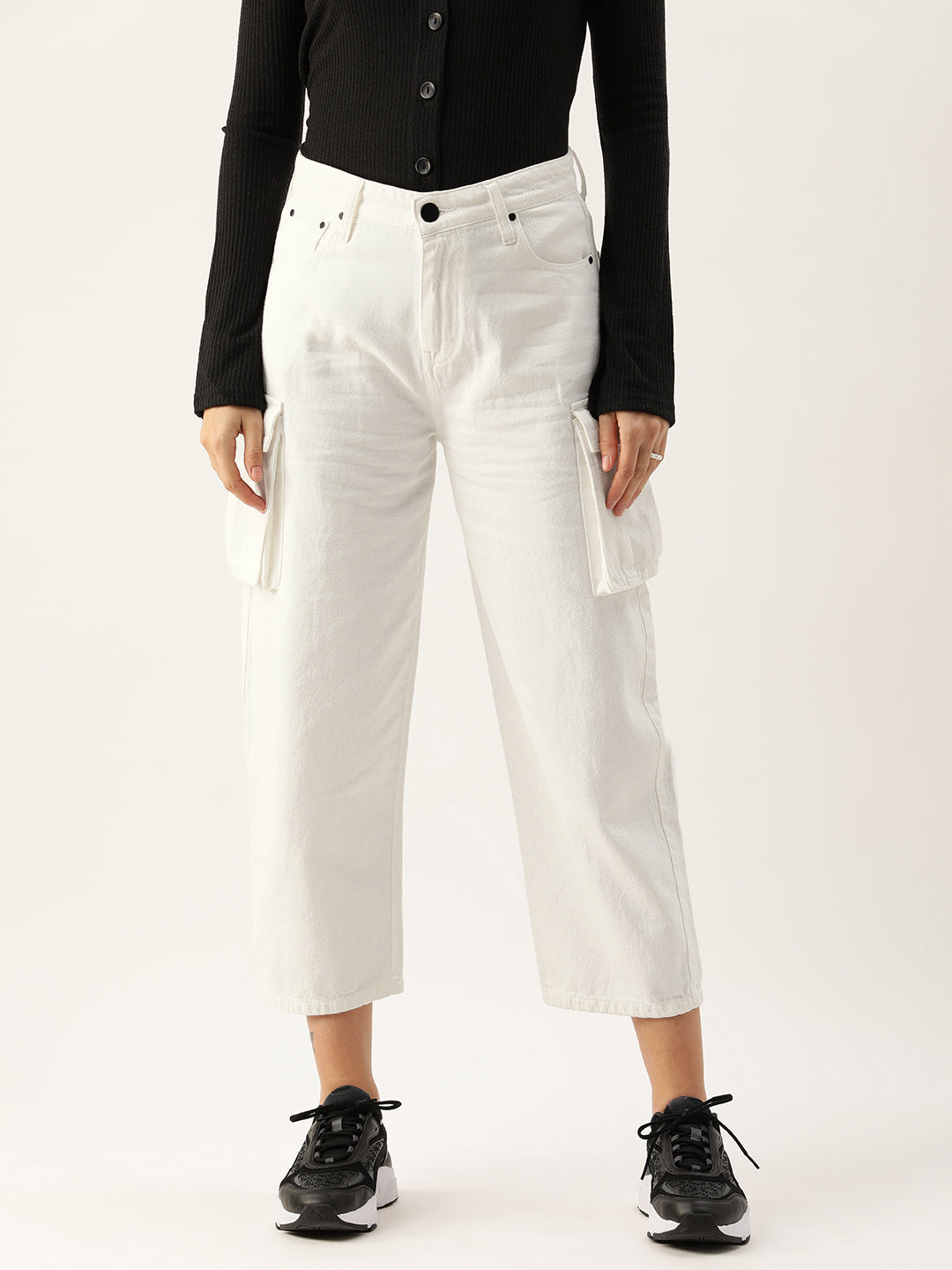 Women White Balloon Fit Solid Cargo Jeans