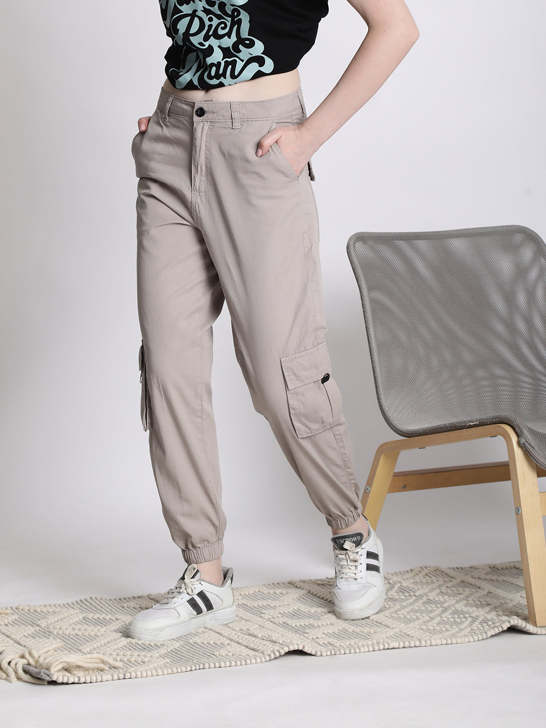 Women Grey Regular Fit Cargo Joggers with Flap Pockets