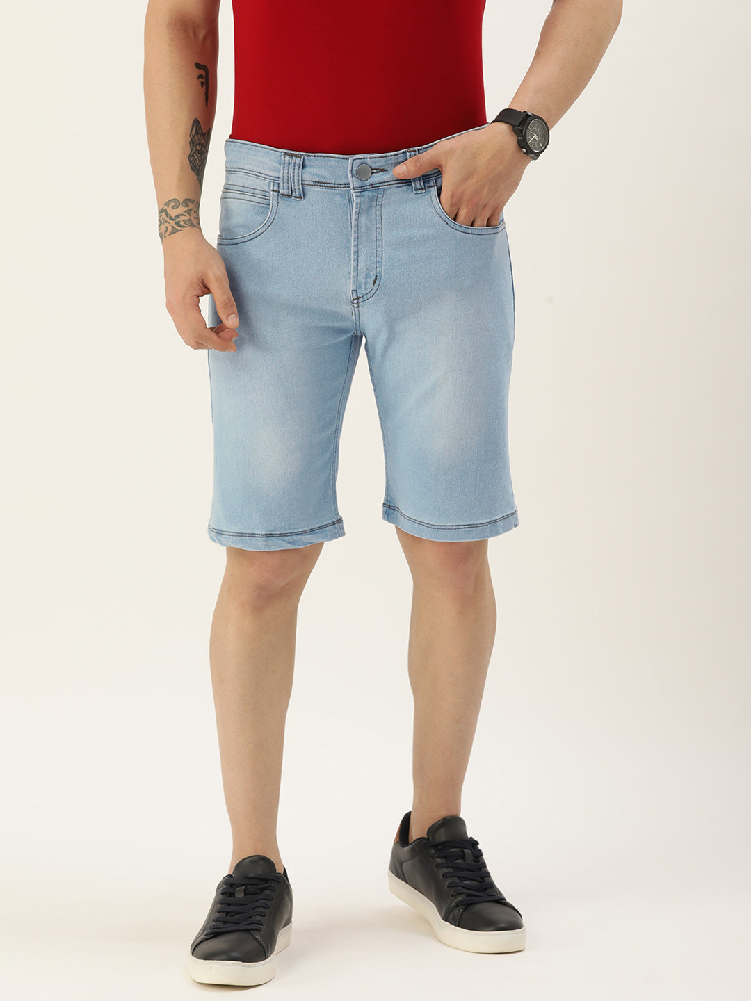 Men Light Blue Regular Fit Solid Casual Shorts