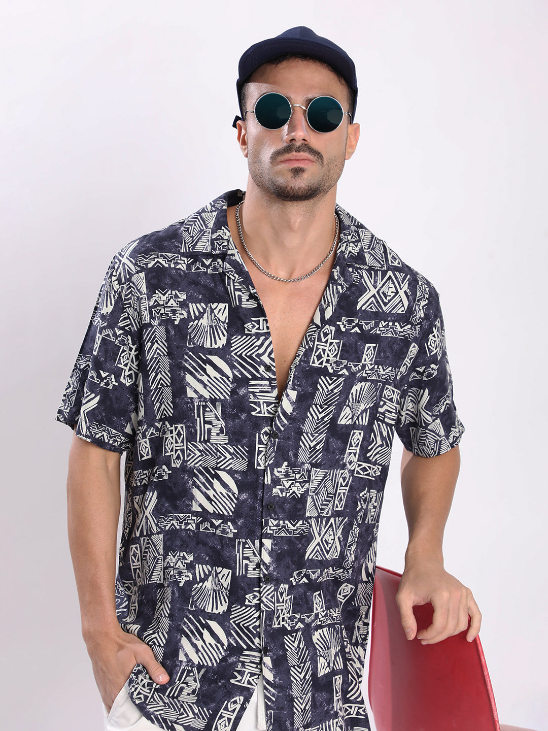 Men Navy and White Abstract printed Shirt