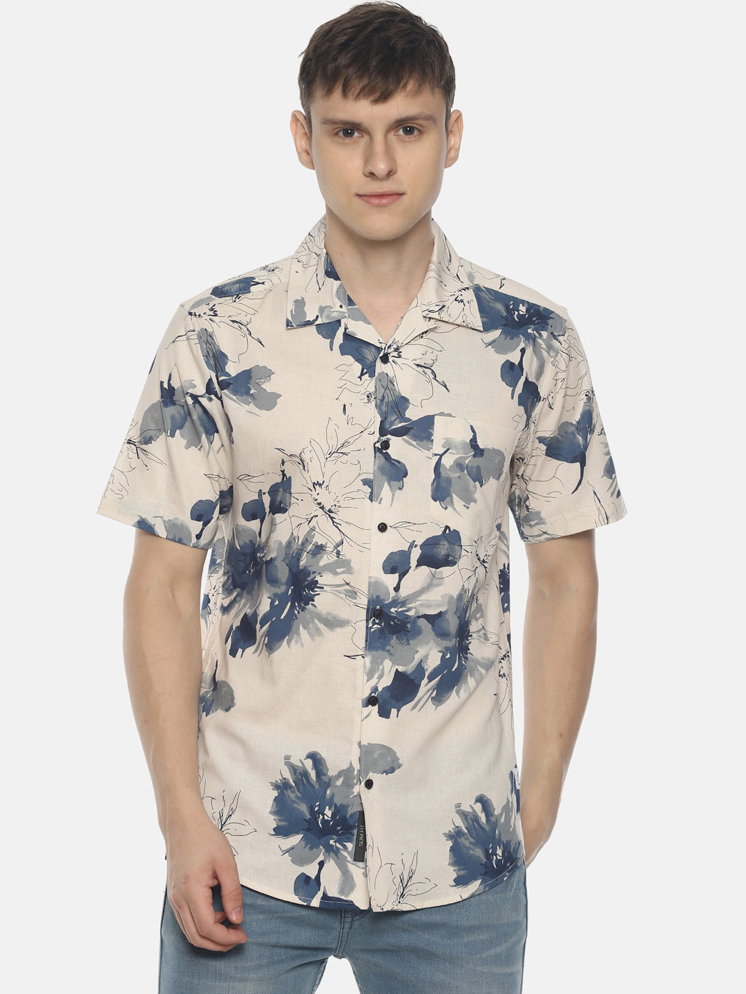 Men Off White/Blue Floral Slim Fit Casual Shirt