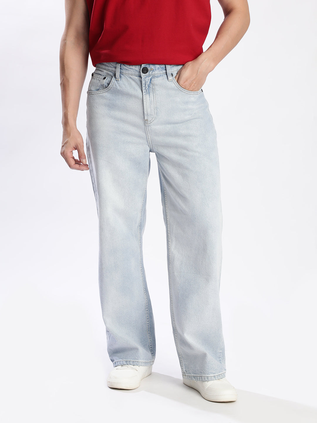 Men Blue Faded Look Wide Leg Jeans