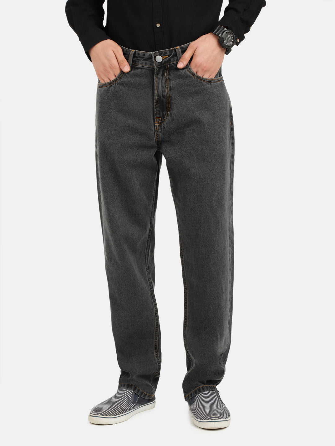 Men Grey Straight Fit Solid Jeans