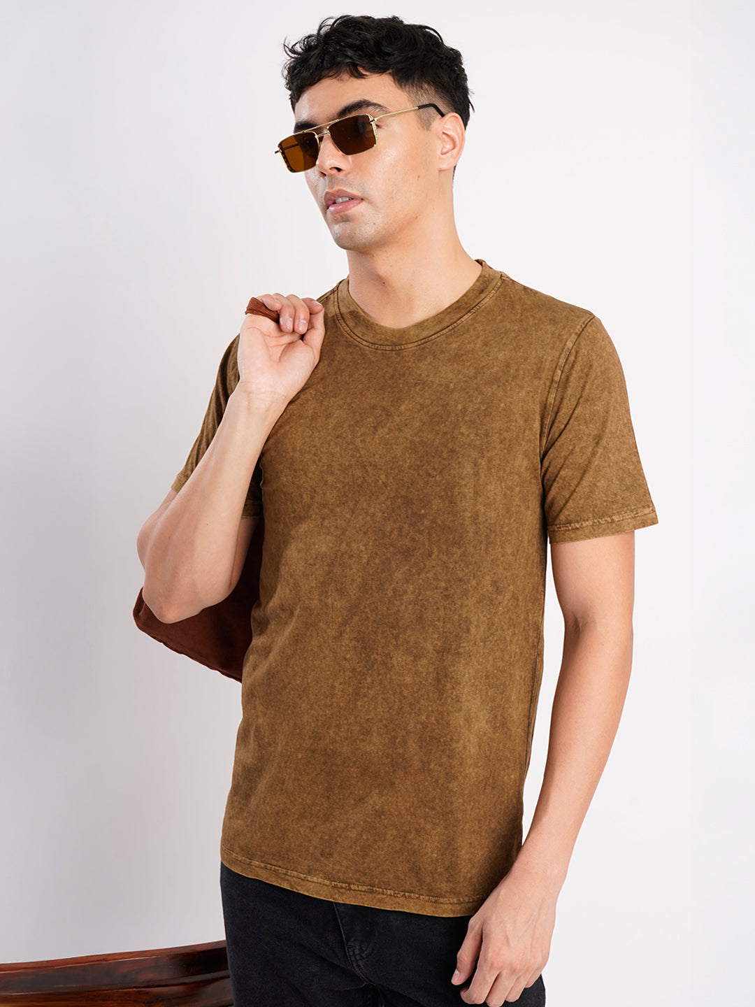 Men Brown Acid Wash T Shirt