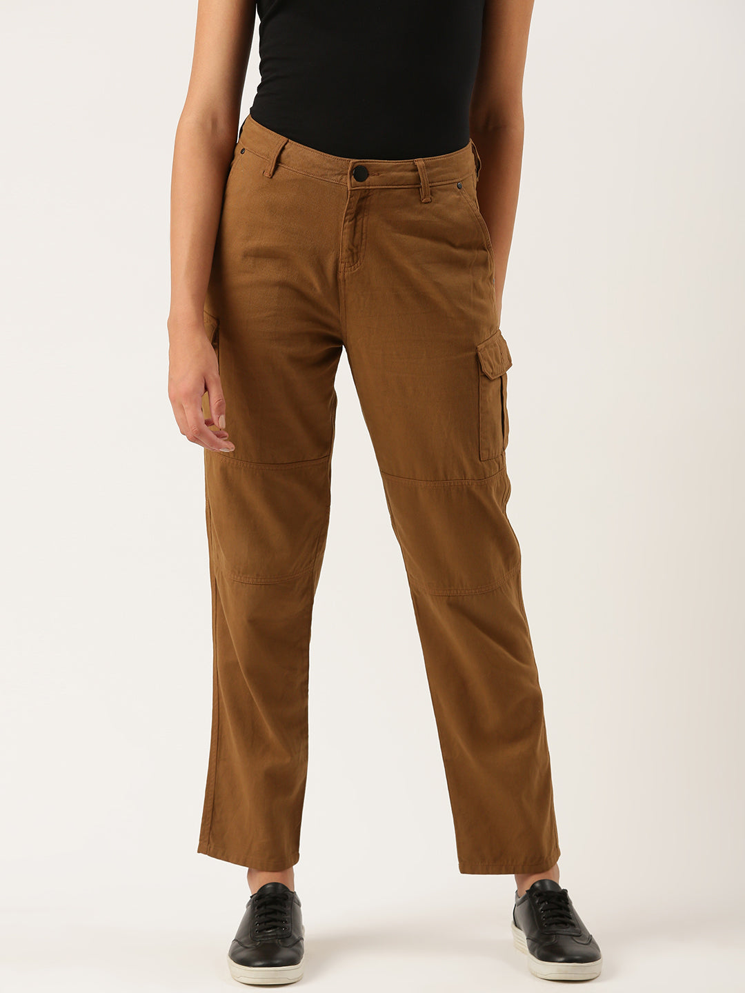 Women Light Brown Overdyed Slim Fit Solid Cargo Trousers