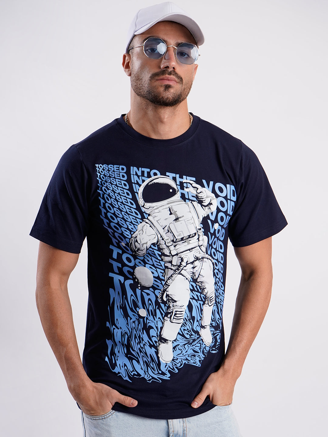 Men  Blue Cotton Lycra Graphic Print T Shirt