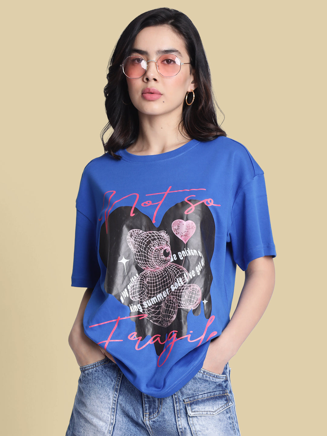 Women Blue Graphic Print Oversize Tshirt