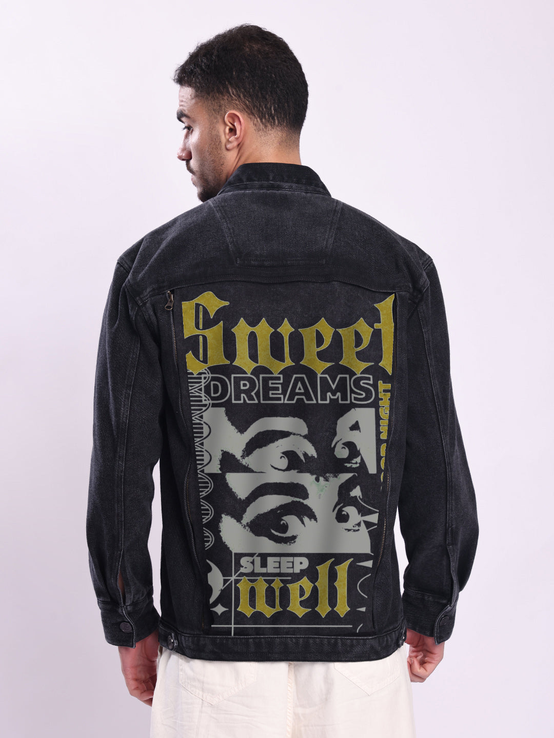 Men Black Detachable Back Print Panel Denim Jacket