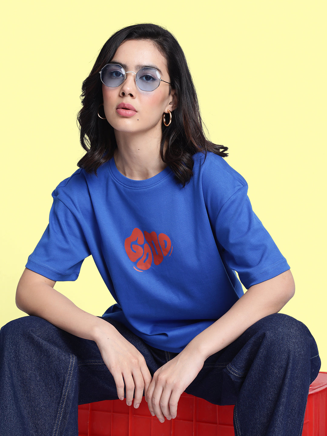 Women Blue Typography Print Oversize Tshirt