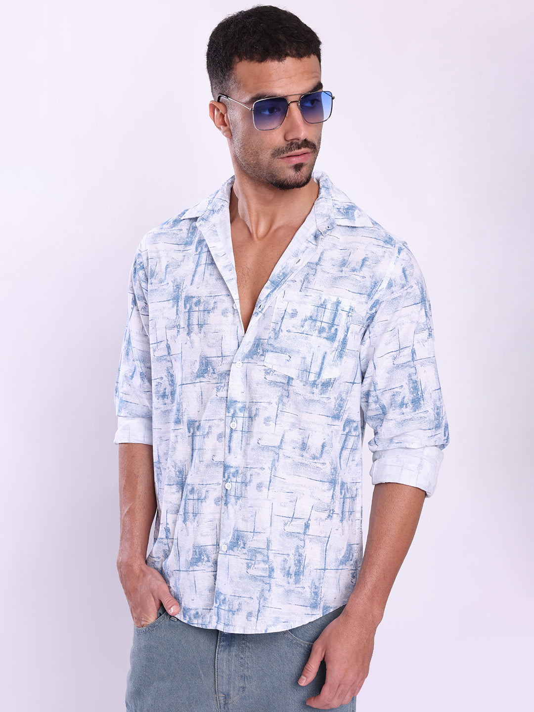 Men Blue and White Abstract Print Single Pocket Shirt
