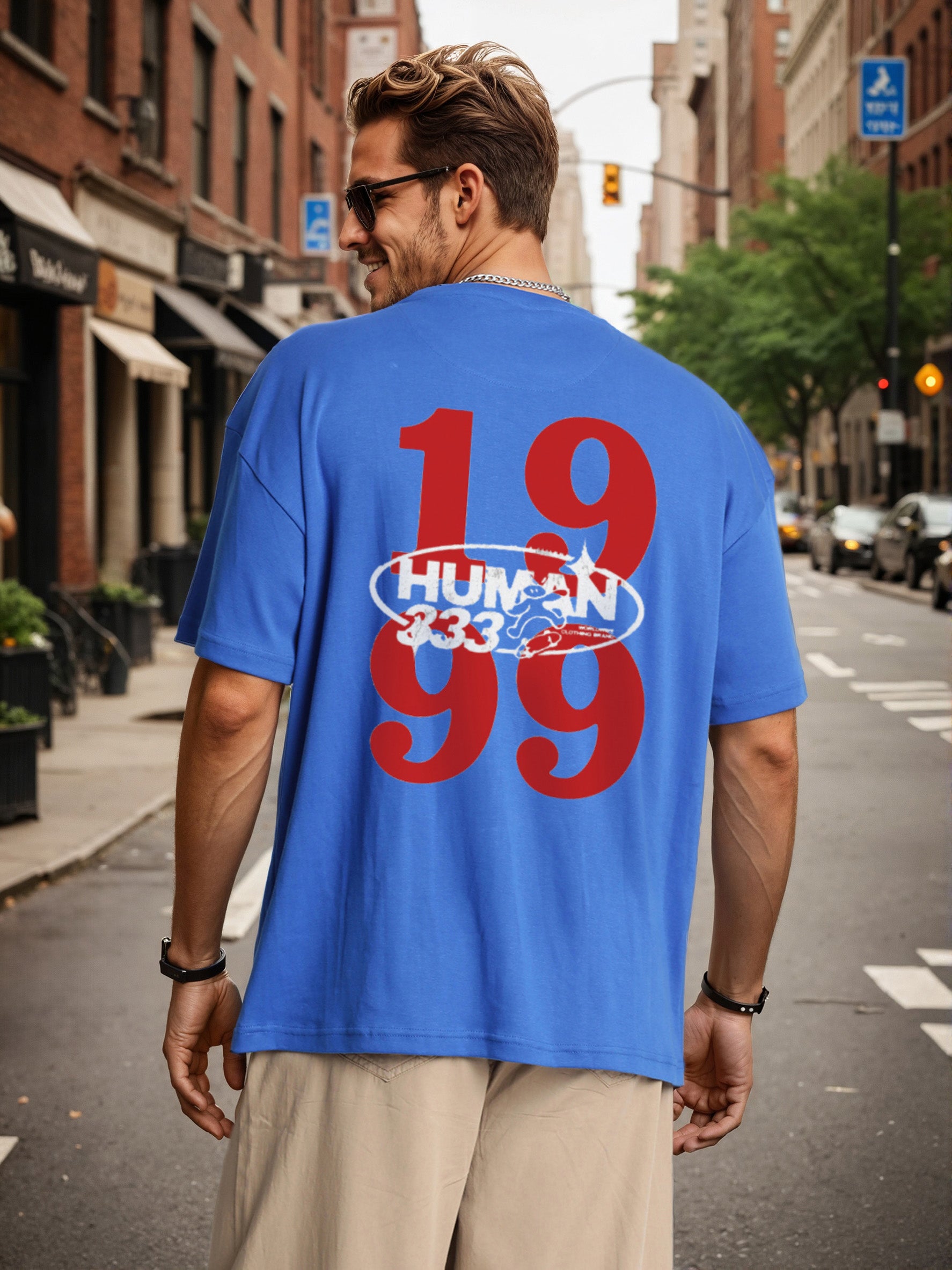 Men Blue Graphic Print Oversize T Shirt