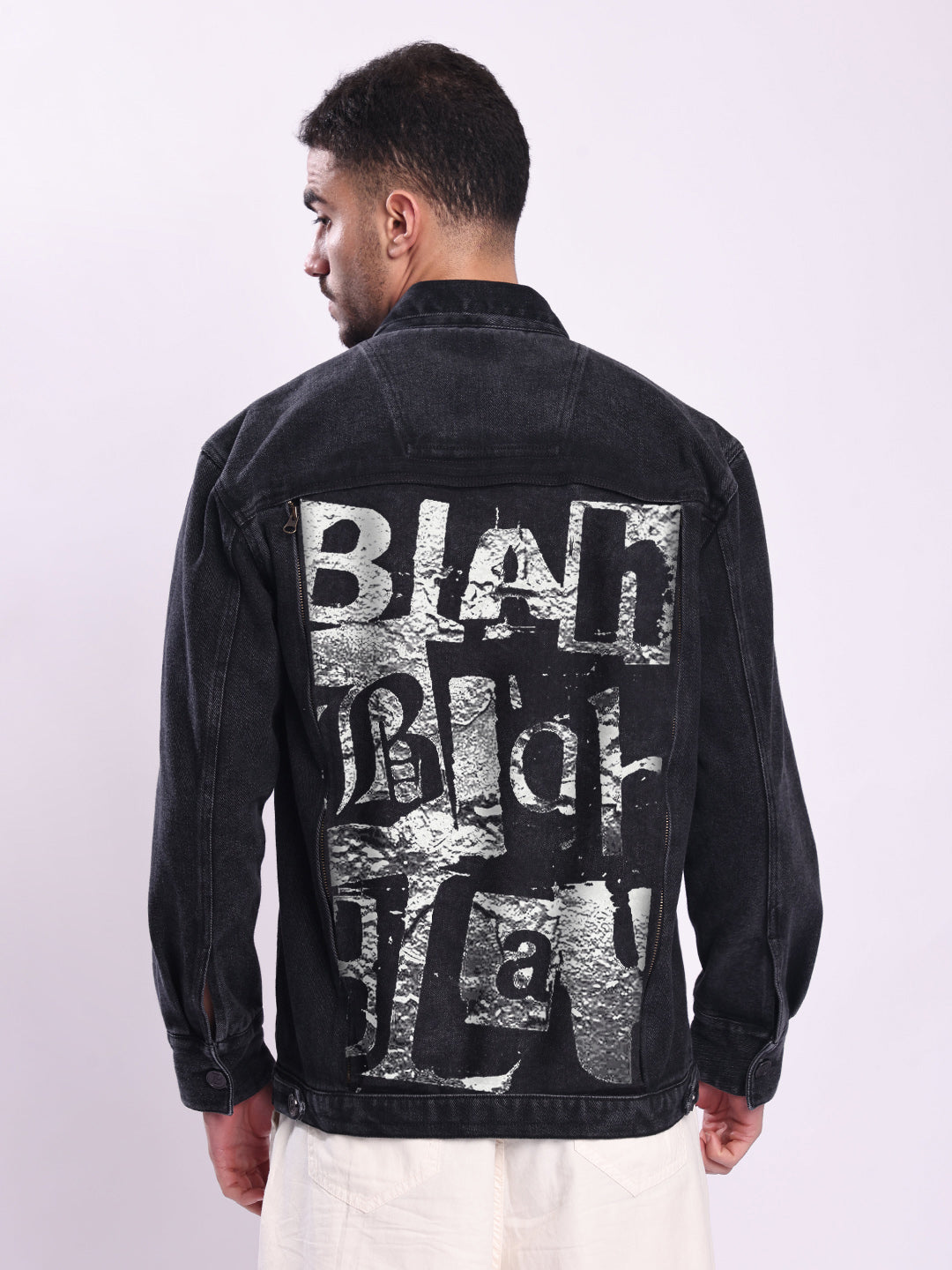 Men Black Detachable Back Print Panel Denim Jacket