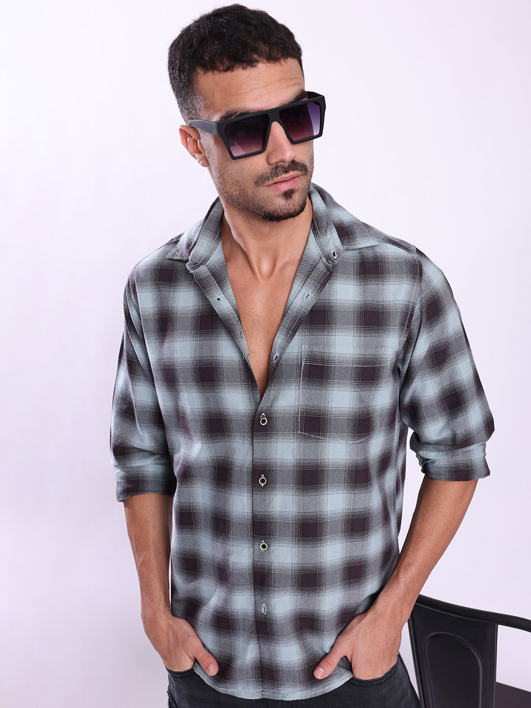 Men Blue and Black Checked Single Pocket Shirt