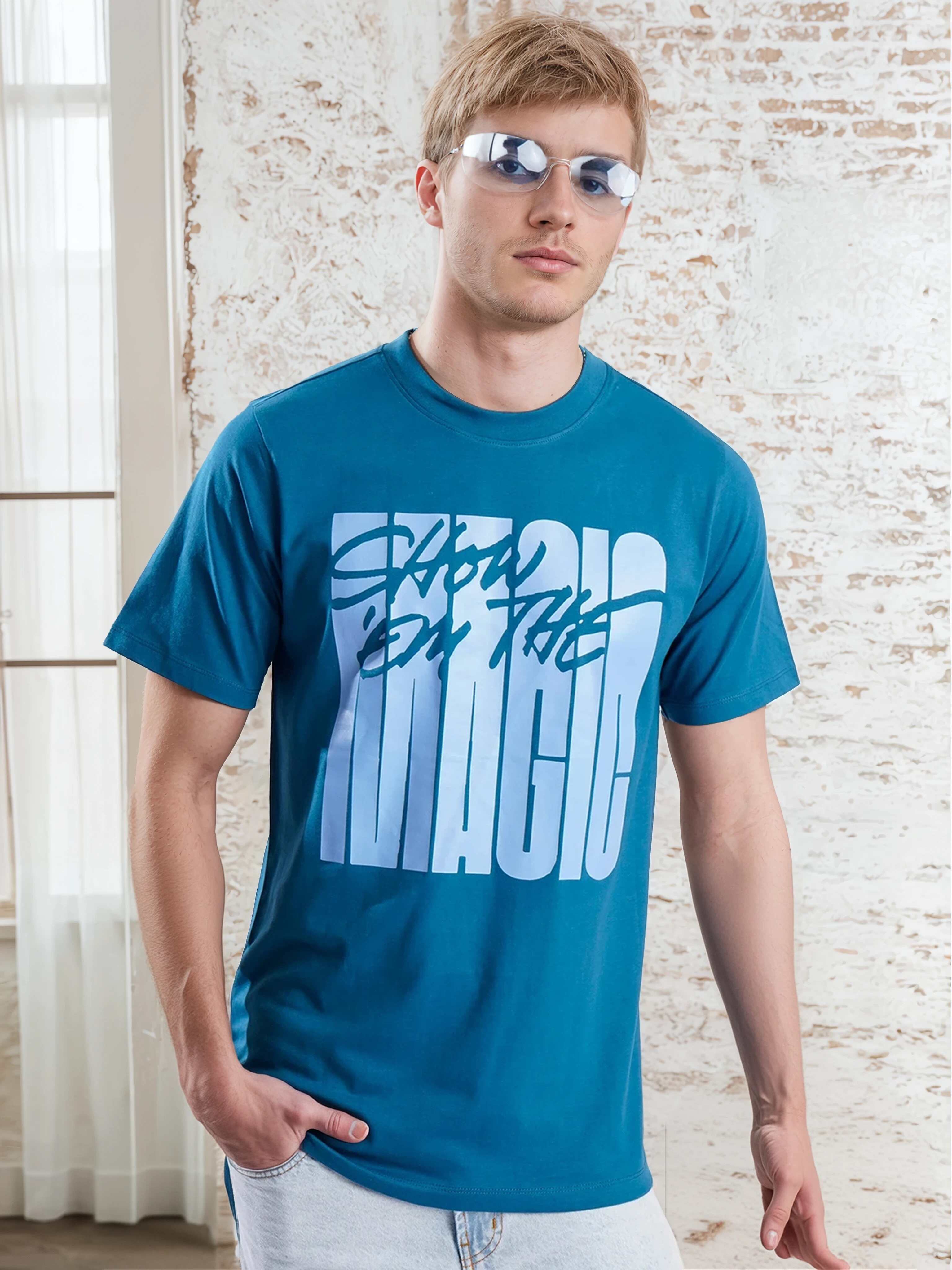 Men Teal Typography Print T shirt