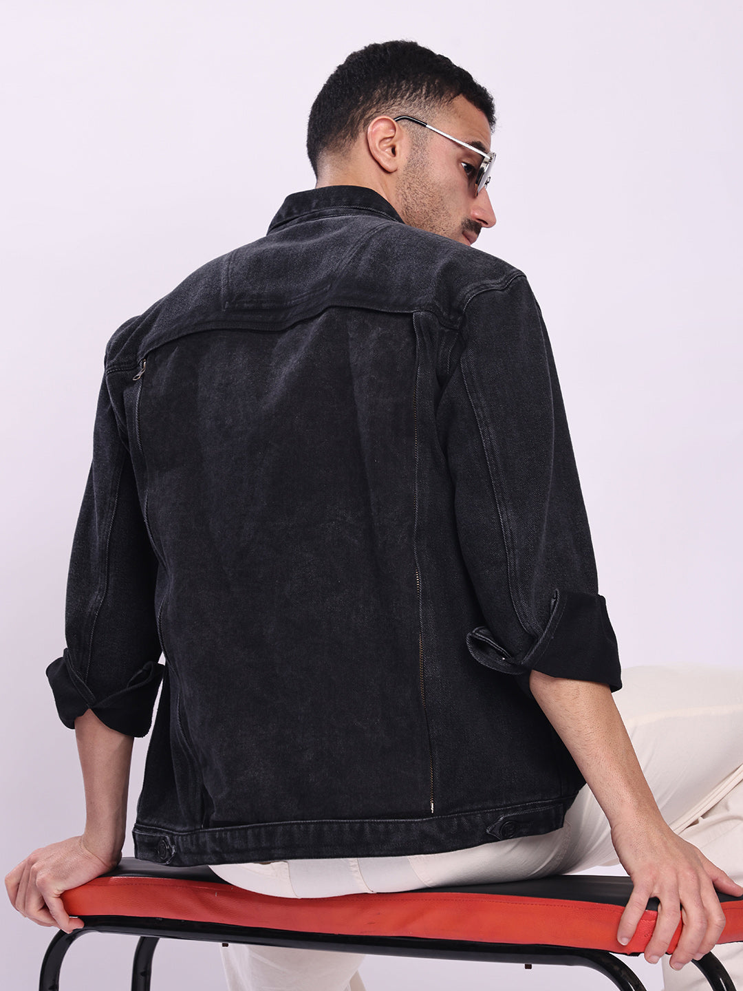 Men Black Detachable Back Panel Denim Jacket