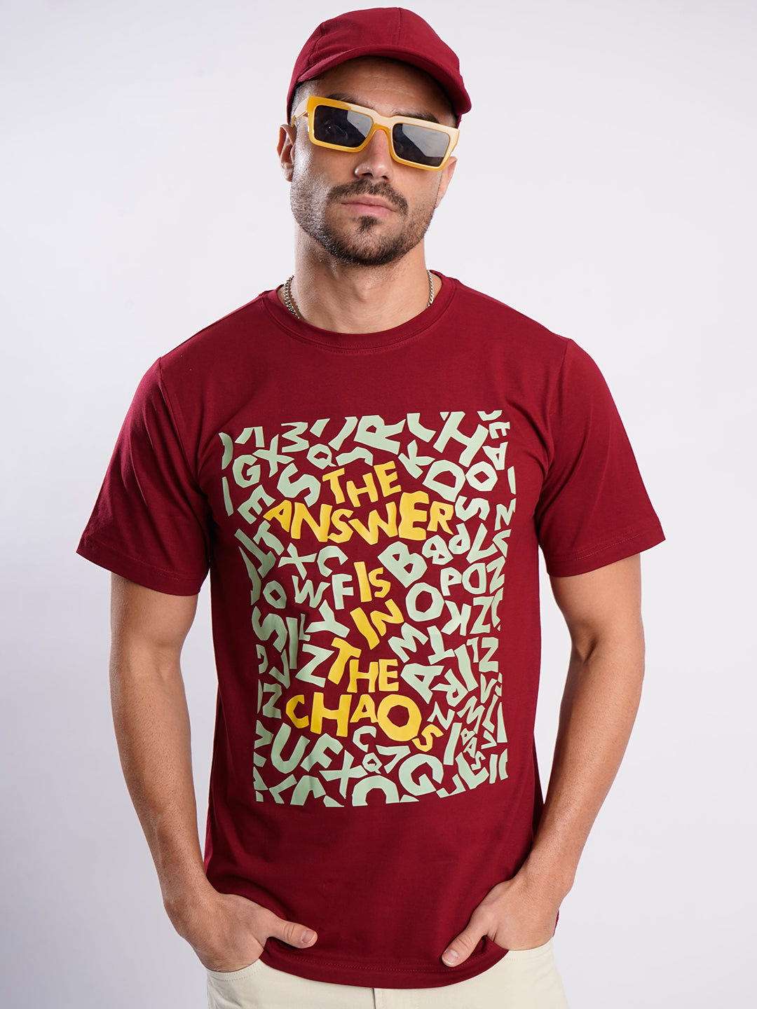 Men Maroon Cotton Lycra Typography Print T Shirt
