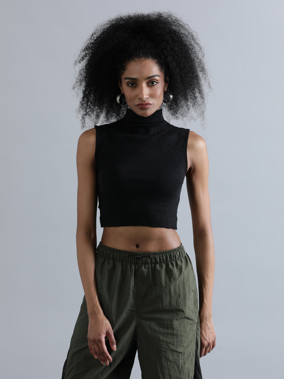 Women High Neck Ribbed Fitted Crop Top