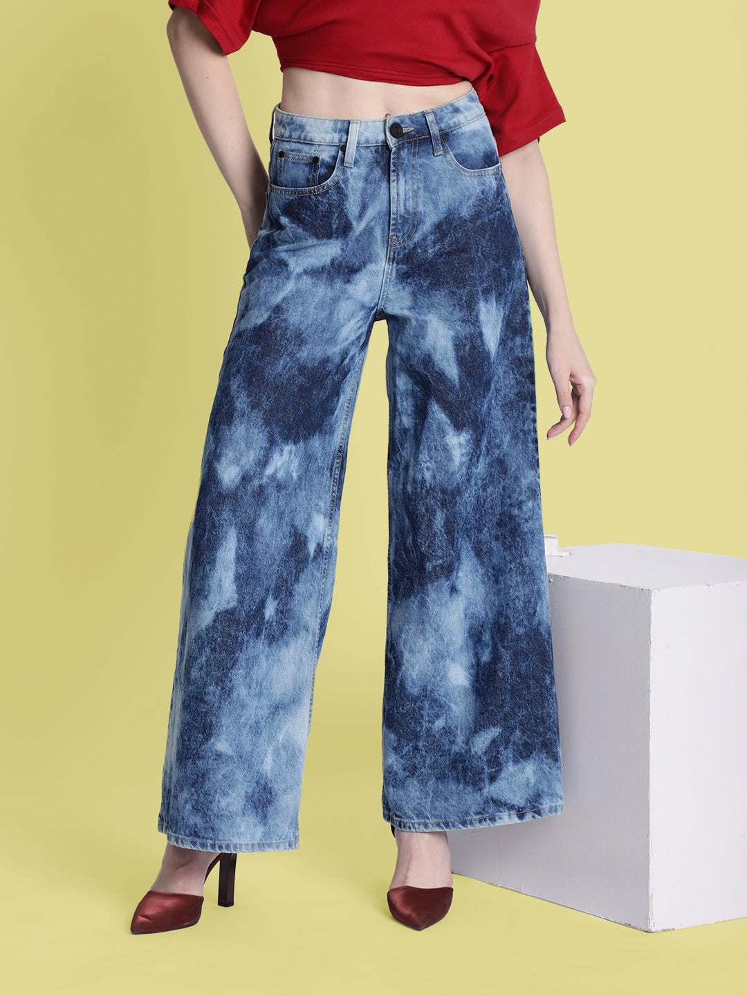 Women Blue Tie-and-Dye Effect Wide-Leg Jeans