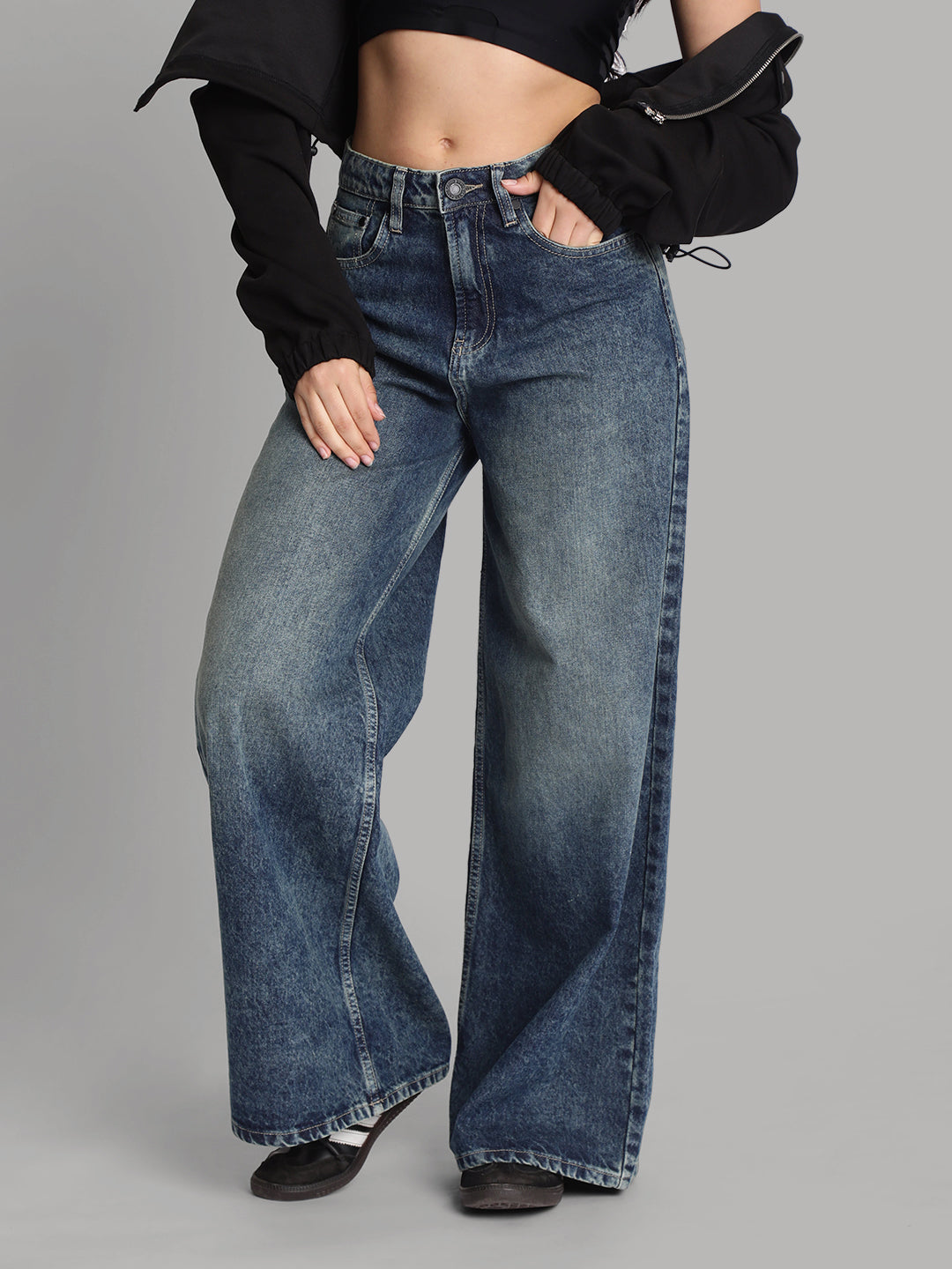 Women Wide Leg Dark Shade Tinted Jeans