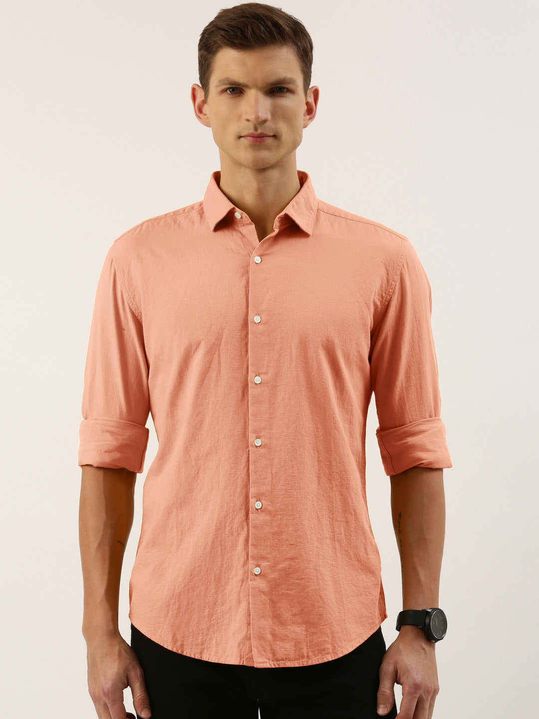 Men Peach Slim Fit Solid Casual Shirt