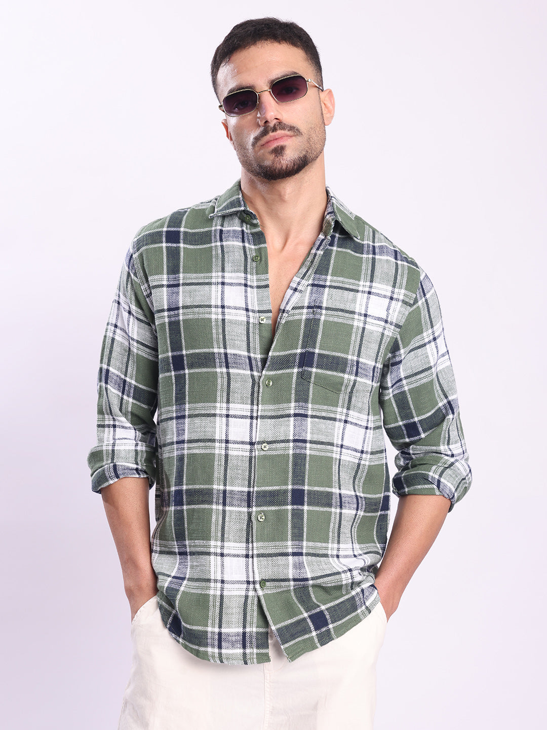 Men Green Checked Single Pocket Shirt