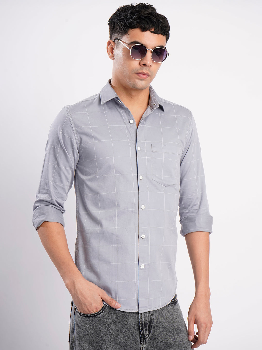 Men Grey Checked Single Pocket Shirt