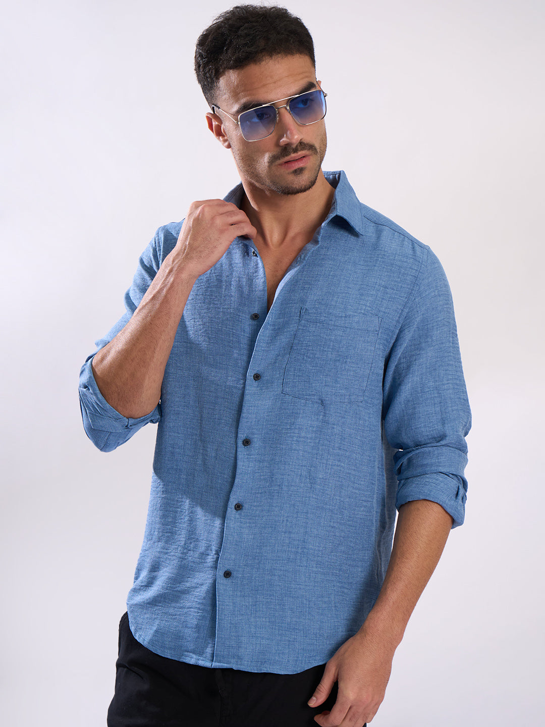 Men Blue Single Pocket Casual Shirt