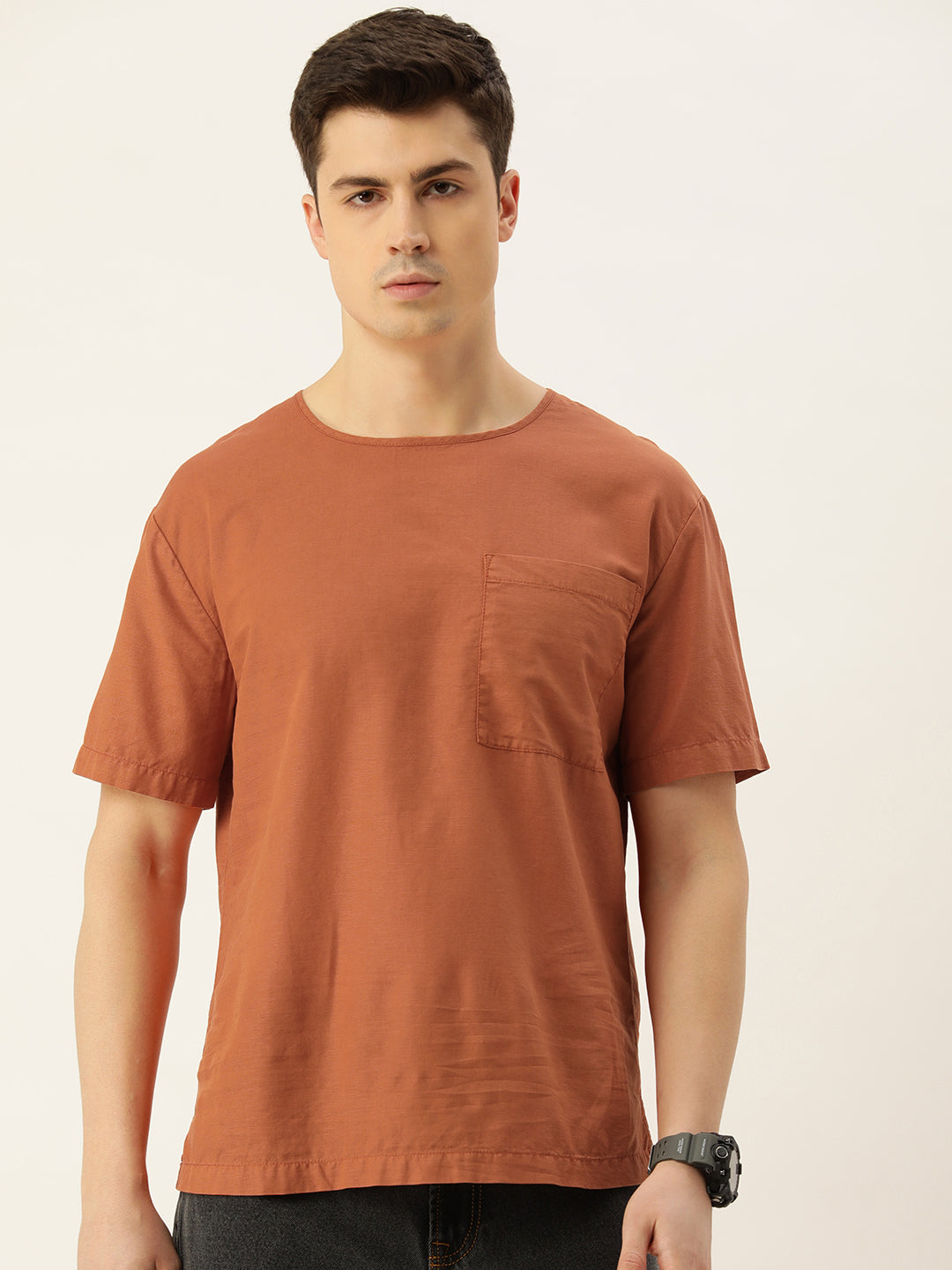 Men Rust Orange Solid Regular Fit Casual Shirt