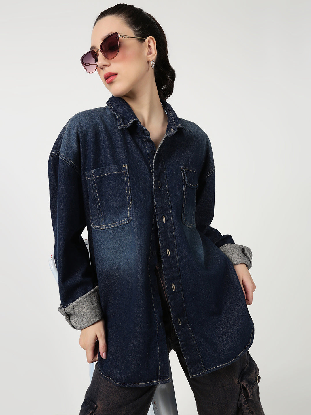 Women Vintage Wash Oversize Denim Shirt