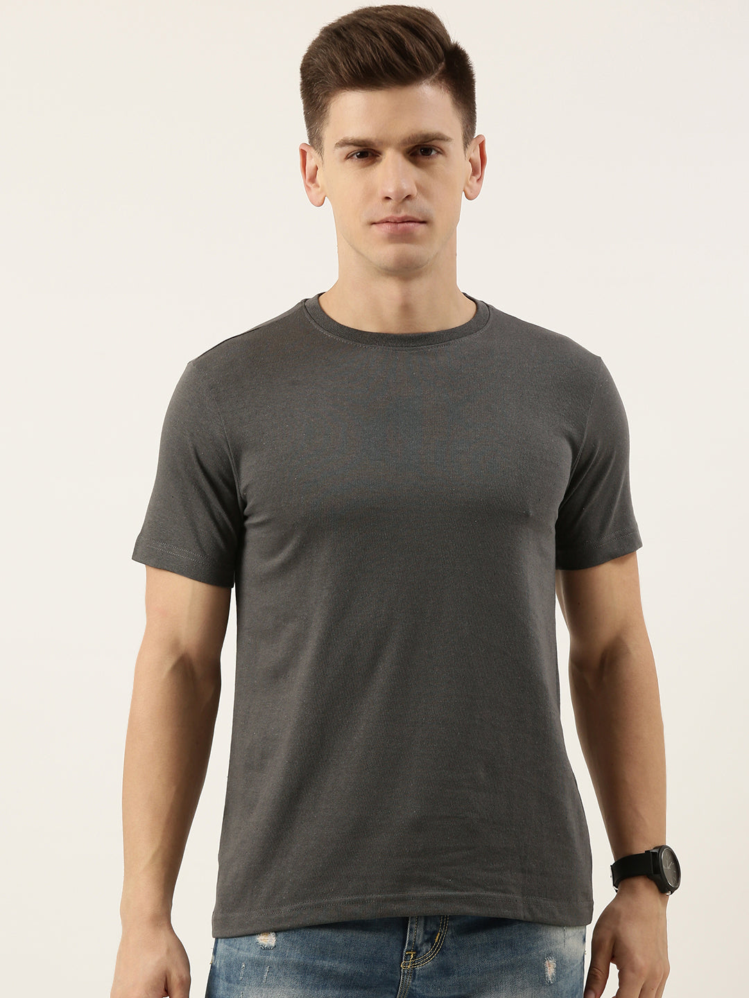 Men Grey Regular Fit Solid T-Shirt