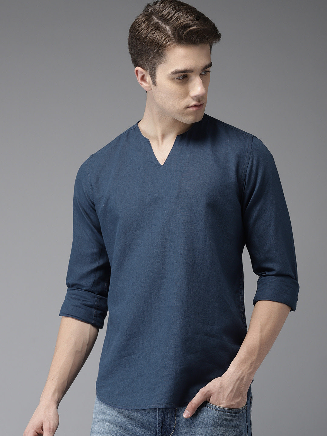 Men Navy Blue Slim Fit Solid Casual Kurta