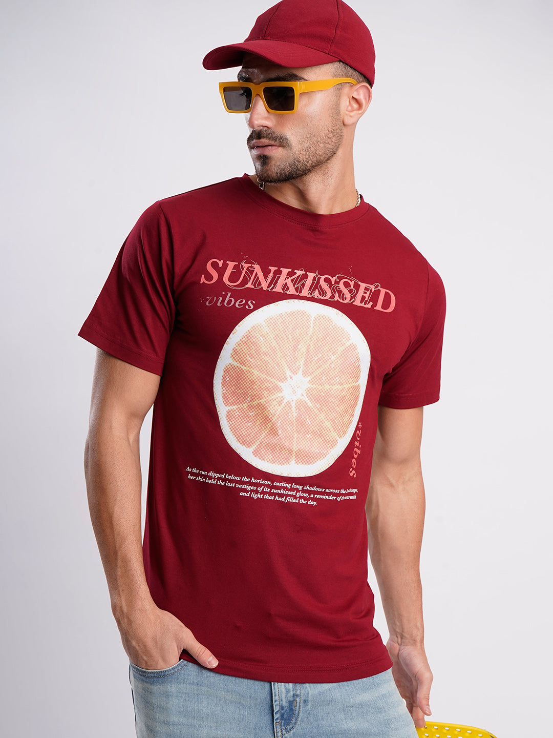 Men Maroon Cotton Lycra Graphic Print T Shirt