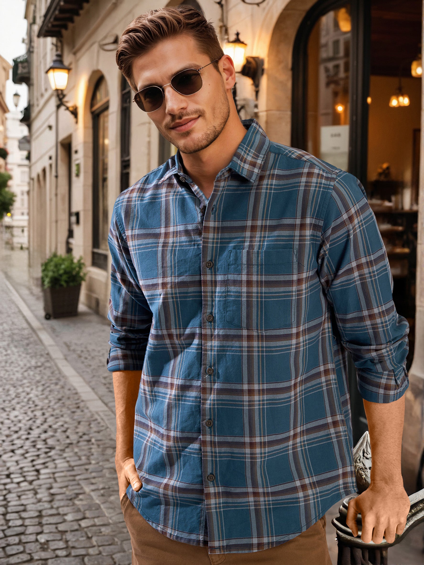 Men Turquoise Checked Single Pocket Shirt