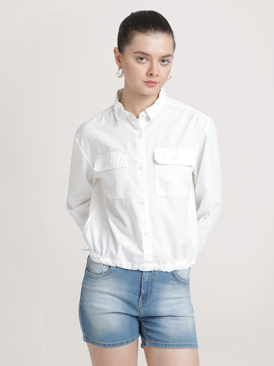 Women White Overdyed Cottton Boxy Fit Solid Casual Shirt